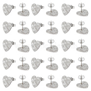 40Pcs 304 Stainless Steel Stud Earring Findings, with Ear Nuts/Earring Backs and Hole, Heart Shape with Textured, Stainless Steel Color, 12x13x1mm, Pin: 0.8mm(STAS-UN0056-53)