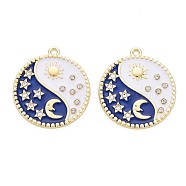 Rack Plating Alloy Enamel Pendants, with Crystal Rhinestone, Cadmium Free & Lead Free, Flat Round with Sun, Moon & Star, Light Gold, 27.7x25x1.8mm, Hole: 1.8mm(PALLOY-S132-263-RS)