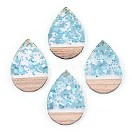 Transparent Resin & White Wood Pendants, Teardrop Charms with Paillettes, Light Sky Blue, 36.5x24.5x3mm, Hole: 2mm(RESI-N039-56)