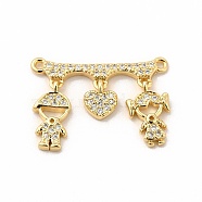 Rack Plating Brass Micro Pave Clear Cubic Zirconia Heart Connector Charms, Cadmium Free & Lead Free, Real 18K Gold Plated, Children Pattern, 16x22x2mm, Hole: 1mm(KK-G456-01G-01)