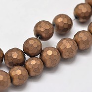 Electroplate Non-magnetic Synthetic Hematite Beads Strands, Faceted Round, Frosted, Copper Plated, 5~6mm, Hole: 1mm, about 66pcs/strand, 15.3 inch(G-I175-18A)