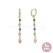 Natural Turquoise Beaded Hoop Earrings, with Clear Cubic Zirconia & 925 Sterling Silver Earring Hoop, Real 14K Gold Plated, 51~52x4.5mm(EJEW-L294-002G)