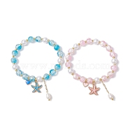 2Pcs 2 Color Glass Round Beaded Stretch Bracelets Set, with Alloy Enamel Heart & Starfish Charms, Mixed Color, Inner Diameter: 2-1/8 inch(5.5cm), 1Pc/color(BJEW-JB09752)