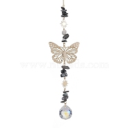 Butterfly Brass Pendant Decorations, with Glass Pendants and Tiger Eye Beads, 315mm(HJEW-TA00131-03)