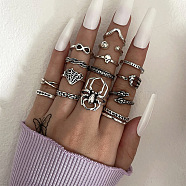 15Pcs 15 Style Skull & Infinity & Snake & Criss Cross & Spider Alloy Finger Rings Set, Gothic Stackable Rings for Halloween, Antique Silver, Inner Diameter: 15~18mm, 1Pc/style(AJEW-PW0005-08AS)