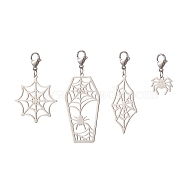 Halloween Theme 201 Stainless Steel Pendant Decorations, with 304 Stainless Steel Lobster Claw Clasps, Spider & Spider Web, Stainless Steel Color, 25~59mm(HJEW-JM00967)