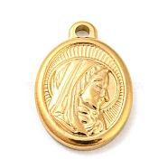304 Stainless Steel Pendants, Oval with Virgin Mary Charm, Religion, Golden, 24x16.5x2.5mm, Hole: 2.5mm(STAS-C082-03G)