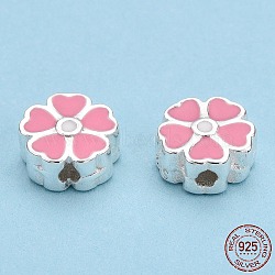 925 Sterling Silver Beads, with Enamel, Flower, Pink, 7.5x8x3.5mm, Hole: 1.5mm(STER-T004-01S-01)