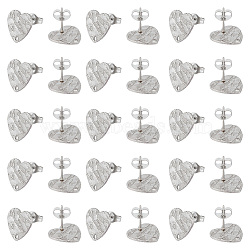 40Pcs 304 Stainless Steel Stud Earring Findings, with Ear Nuts/Earring Backs and Hole, Heart Shape with Textured, Stainless Steel Color, 12x13x1mm, Pin: 0.8mm(STAS-UN0056-53)