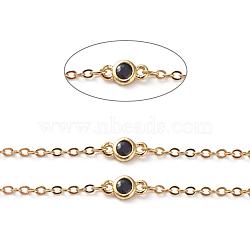 Brass Cable Chains, Soldered, Flat Oval, with Black Glass Rhinestone and Spool, Long-Lasting Plated, Real 18K Gold Plated, 4x8x2mm, about 16.4 Feet(5m)/roll(CHC-G005-09G)