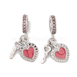 Rack Plating Alloy Light Rose Rhinestone European Dangle Charms, Key & Heart Large Hole Pendants with Enamel, Platinum, Hot Pink, 27.5mm, Hole: 4.5mm(FIND-C055-27P-04)