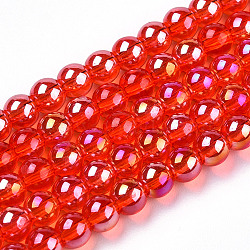 Electroplate Transparent Glass Beads Strands, AB Color Plated, Round, Red, 4~4.5mm, Hole: 0.8mm, about 97~99pcs/strand, 14.76 inch~14.96 inch(37.5~38cm)(GLAA-T032-T4mm-AB09)