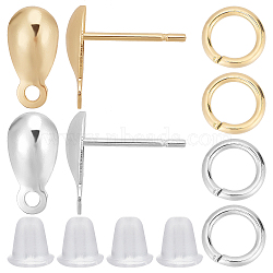 100Pcs 2 Colors 304 Stainless Steel Stud Earring Findings, with Horizontal Loops, Teardrop, with 100Pcs Brass & 304 Stainless Steel Open Jump Rings and 100Pcs Plastic Ear Nuts, Real 18K Gold Plated & Stainless Steel Color, 10x5mm, Hole: 1.2mm, Pin: 0.8mm, 50Pcs/color(STAS-CN0001-11)