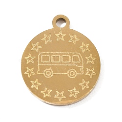 304 Stainless Steel Pendants, Flat Round with Bus & Star Charms, Hand Polished, Ion Plating(IP), Golden, 17x15x1.4mm, Hole: 1.8mm(SA-CBAE30B-03B-G)