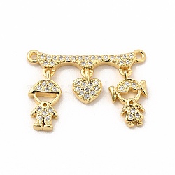 Rack Plating Brass Micro Pave Clear Cubic Zirconia Heart Connector Charms, Cadmium Free & Lead Free, Real 18K Gold Plated, Children Pattern, 16x22x2mm, Hole: 1mm(KK-G456-01G-01)