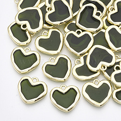 Epoxy Resin Pendants, with Alloy Findings, Heart, Light Gold, Olive Drab, 16x17x2.5mm, Hole: 1.8mm(X-PALLOY-T067-175A)