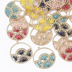 Polyester Thread Woven Pendants, with Glass Seed Beads and Light Gold Plated Alloy Findings, Flat Round with Fan, Mixed Color, 37.5x34.5x2mm, Hole: 1.8mm(FIND-N004-002)