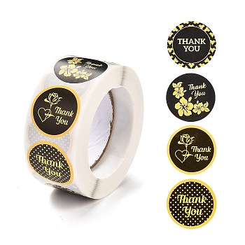 1 Inch Self-Adhesive Stickers, Roll Sticker, Flat Round with Flowers & Word Thank You, for Party Decorative Presents, Black, 2.5cm, 500pcs/roll