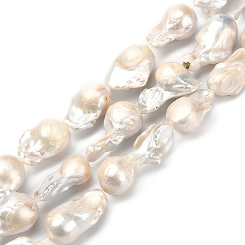 Natural Baroque Pearl Keshi Pearl Beads Strands, Cultured Freshwater Pearl, Teardrop, Bisque, 15~40x15~30x15mm, Hole: 0.6mm, about 11~13pcs/Strand, 14.96 inch(38cm)