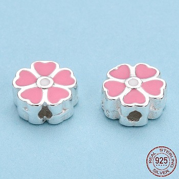 925 Sterling Silver Beads, with Enamel, Flower, Pink, 7.5x8x3.5mm, Hole: 1.5mm