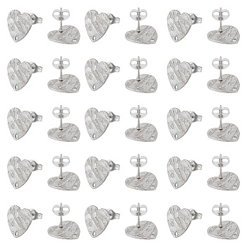 40Pcs 304 Stainless Steel Stud Earring Findings, with Ear Nuts/Earring Backs and Hole, Heart Shape with Textured, Stainless Steel Color, 12x13x1mm, Pin: 0.8mm