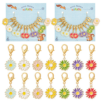 Daisy Stitch Markers, Alloy Enamel Crochet Lobster Clasp Charms, Locking Stitch Marker with Wine Glass Charm Ring, Mixed Color, 3.5cm, 7 colors, 2pcs/color, 14pcs/set