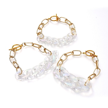 (Jewelry Parties Factory Sale)Chain Bracelets Sets, with Transparent Acrylic Linking Rings, Aluminium Paperclip Chains and Alloy Toggle Clasps, Light Gold, 7-1/2 inch~8-1/8 inch(19~20.5cm), 3pcs/set