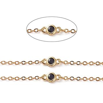 Brass Cable Chains, Soldered, Flat Oval, with Black Glass Rhinestone and Spool, Long-Lasting Plated, Real 18K Gold Plated, 4x8x2mm, about 16.4 Feet(5m)/roll