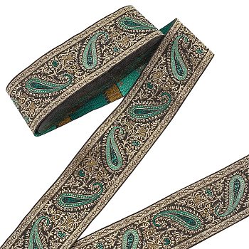 Ethnic Embroidery Polyester Flat Ribbons, Jacquard Ribbon, Floral Pattern, Green, 2 inch(50mm), about 9.84 Yards(9m)/Bundle