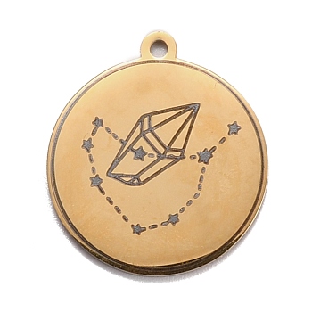 304 Stainless Steel Pendants, Flat Round with Star & Diamond, Golden, 28x25x1.4mm, Hole: 2mm