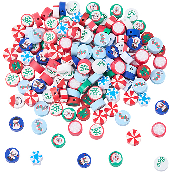 200Pcs 10 Styles Christmas Theme Handmade Polymer Clay Beads, Mixed Shape, Mixed Color, 8~12x4~8.5x4~5mm, Hole: 1.4~2mm, 20pcs/style