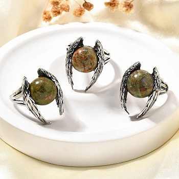 Natural Unakite Wings Adjustable Rings, Antique Silver Brass Ring, Rack Plating, Lead Free & Cadmium Free, US Size 7 1/4(17.5mm)