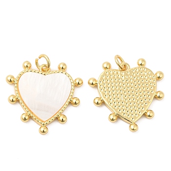 Rack Plating Brass Pendants with Shell, Heart Charms, Long-Lasting Plated, Lead Free & Cadmium Free, Real 18K Gold Plated, 22.5x23.5x2.5mm, Hole: 3.5mm