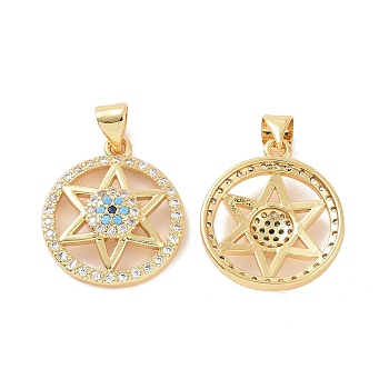 Brass Micro Pave Cubic Zirconia Pendants, Flat Round with Star of David & Evil Eye Charm, Golden, 25x18x4.5mm, Hole: 5x3mm