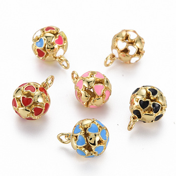 Brass Enamel Charms, with Jump Rings, Real 16K Gold Plated, Nickel Free, Round with Heart, Mixed Color, 14.5x13x13mm, Jump Ring: 5x1mm, 3mm inner diameter