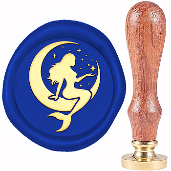 Brass Wax Seal Stamp, with Wood Handle, Golden, for DIY Scrapbooking, Mermaid Pattern, 20mm