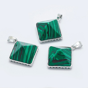 Synthetic Malachite Pendants, with Brass Findings, Pyramid, Platinum, 32x28.5x14mm, Hole: 6x3mm