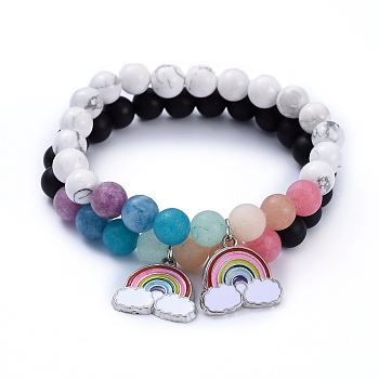 Stretch Charm Bracelets Sets, with Round Natural Black Agate & Howlite & White Jade Beads, Rainbow Alloy Enamel Pendants, Inner Diameter: 2 inch(5.1cm), 2pcs/set