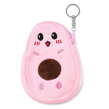 Cartoon Style Avocado Fluffy Cloth Wallets, Change Purse with Zipper & Keychain, for Women, Pink, 17.5cm