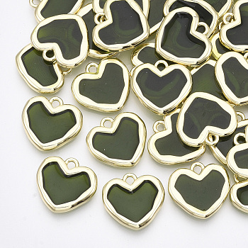 Epoxy Resin Pendants, with Alloy Findings, Heart, Light Gold, Olive Drab, 16x17x2.5mm, Hole: 1.8mm