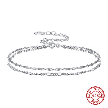 Rhodium Plated 925 Sterling Silver Rope & Figaro Chains Double-Layer Multi-strand Bracelet, with S925 Stamp, Real Platinum Plated, 6-5/8 inch(16.7cm)