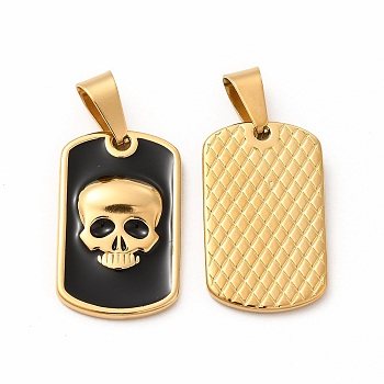 Ion Plating(IP) 304 Stainless Steel Enamel Pendants, with 201 Stainless Steel Clasp, Rectangle with Skull, Golden, 26x16x3mm, Hole: 4x9mm