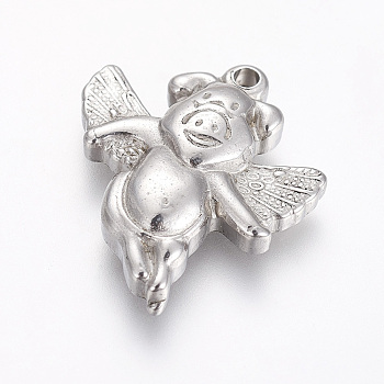 304 Stainless Steel Pendants, Pig, Stainless Steel Color, 23x20~20.2x4.3~4.4mm, Hole: 1.6mm