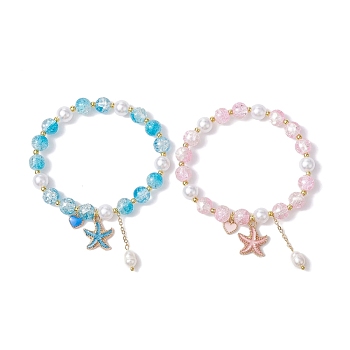 2Pcs 2 Color Glass Round Beaded Stretch Bracelets Set, with Alloy Enamel Heart & Starfish Charms, Mixed Color, Inner Diameter: 2-1/8 inch(5.5cm), 1Pc/color