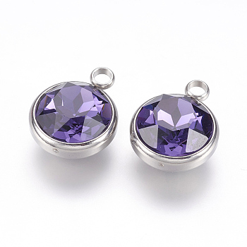 Glass Rhinestone Charms, with 304 Stainless Steel Findings, Faceted, Flat Round, Stainless Steel Color, Deep Tanzanite, 14x10x7mm, Hole: 2.5mm