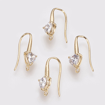 Brass Cubic Zirconia Earring Hooks, with Horizontal Loop, Real 18K Gold Plated, 22x13mm, Hole: 2mm, Pin: 1mm