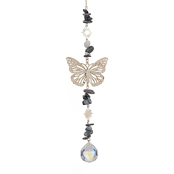 Butterfly Brass Pendant Decorations, with Glass Pendants and Tiger Eye Beads, 315mm