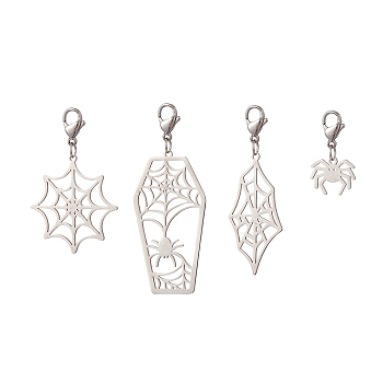 Halloween Theme 201 Stainless Steel Pendant Decorations, with 304 Stainless Steel Lobster Claw Clasps, Spider & Spider Web, Stainless Steel Color, 25~59mm