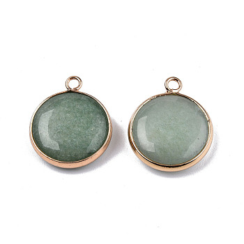 Natural White Jade Pendants, with Light Gold Tone Brass Edge, Dyed & Heated, Flat Round Charm, Green, 23x19x6mm, Hole: 2mm
