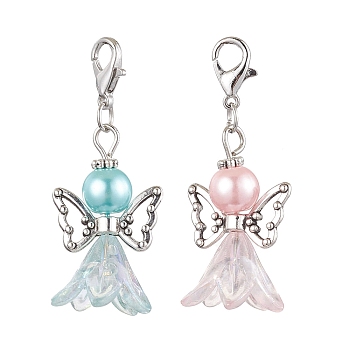 2Pcs 2 Colors Wedding Season Angel Glass Pearl & Acrylic Pendant Decorations, Zinc Alloy Lobster Claw Clasps Charms for Bag Key Chain Ornaments, Mixed Color, 43mm, Pendant: 29.5x18x16mm, 1pc/color